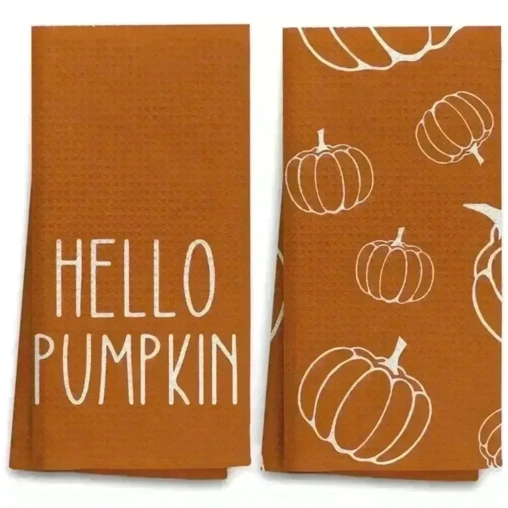 NEW! Hello Pumpkin Fall Kitchen Towels Set Bright Orange & White 16in x 24in